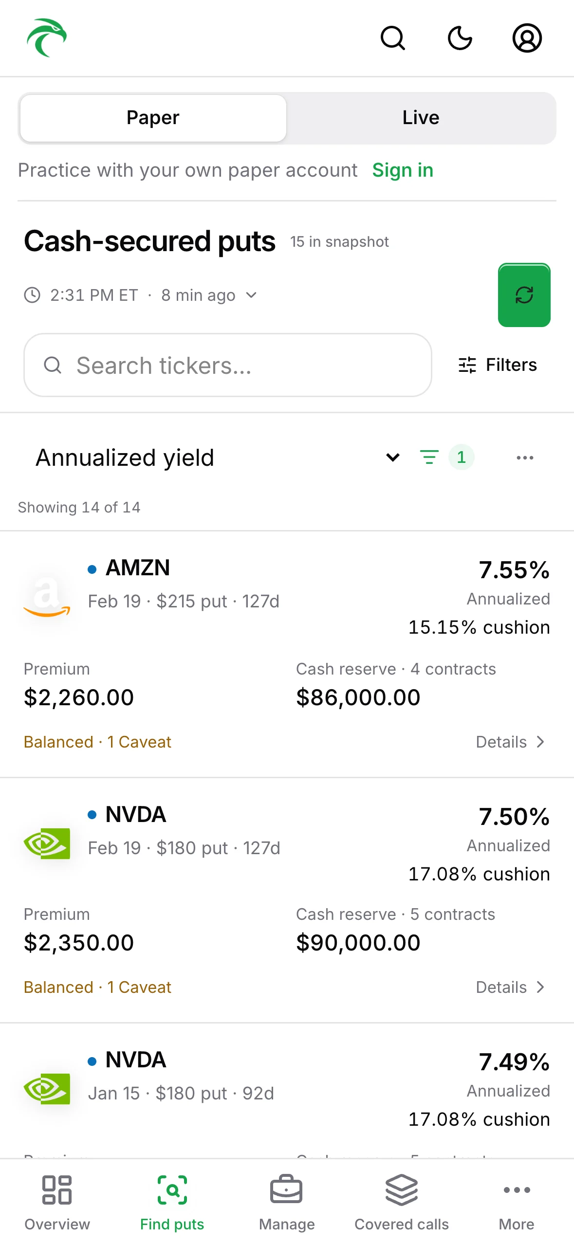 The OptionClaw screener on iPhone
